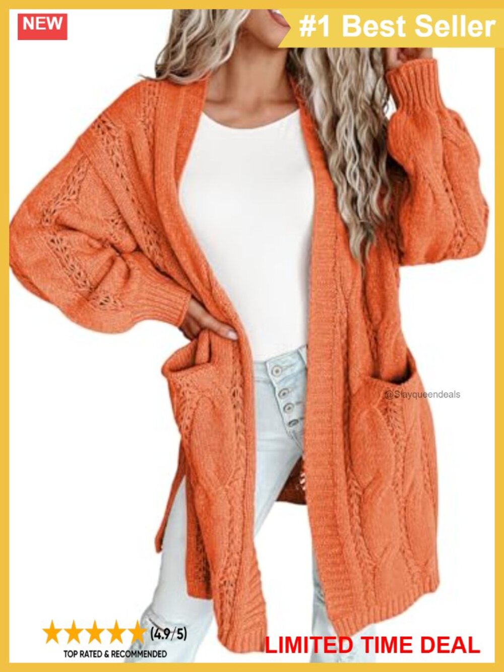 Women's Open Front Knit Cardigan Long Lantern Sleeve Loose Fit